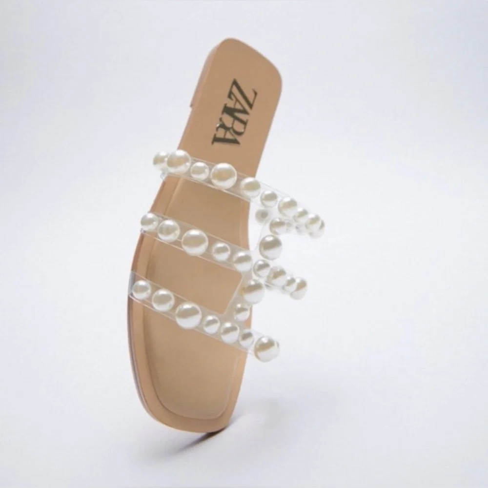 Zara Tan Pearl Embellished Sandals, Size 37(7) - Picture 3 of 10